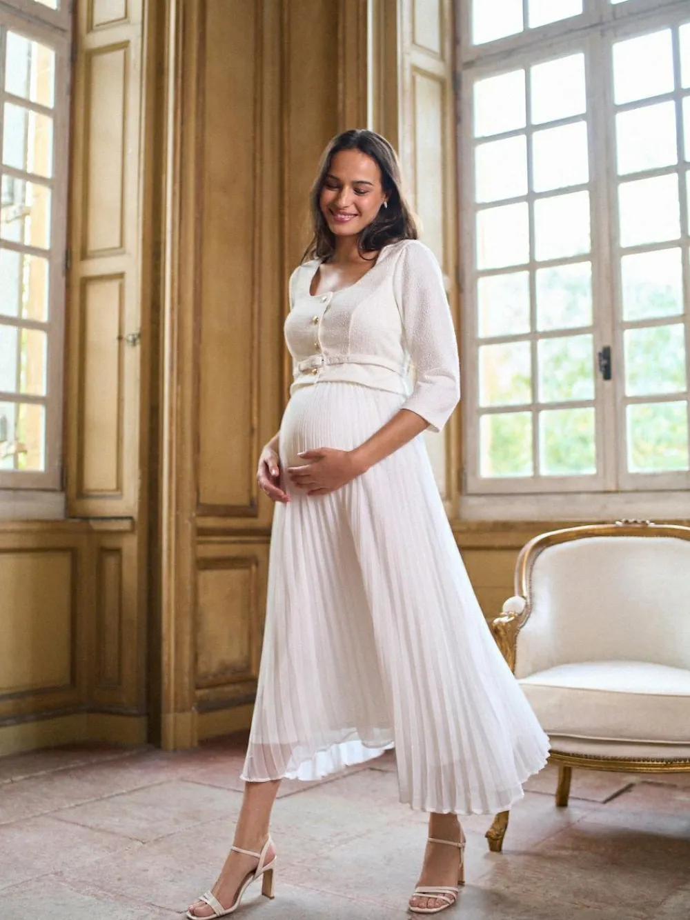 Sale Seraphine White Ivory Occasion Maternity & Nursing Bridal Dress With Tweed Bodice & Floaty Pleated Skirt