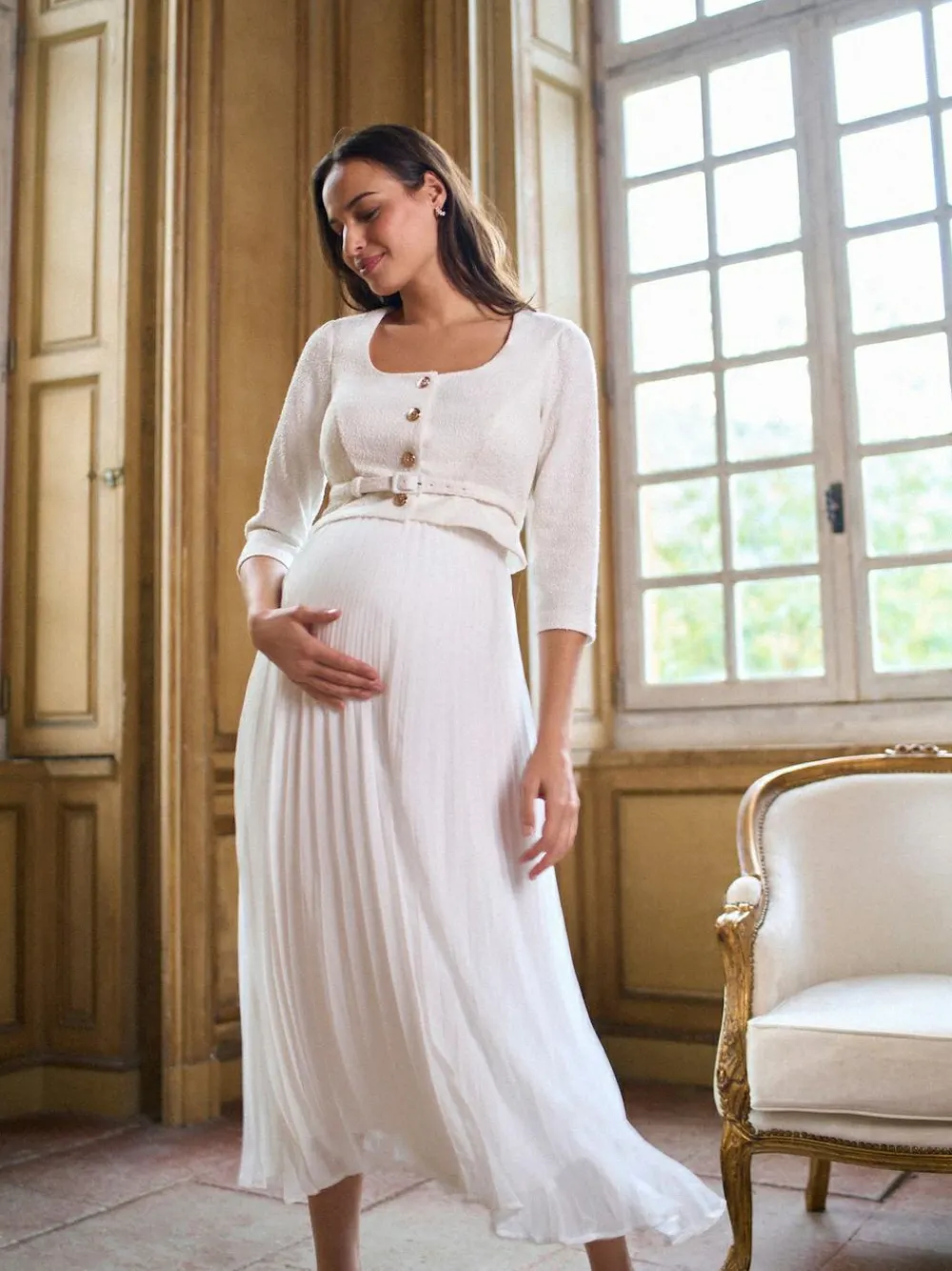 Sale Seraphine White Ivory Occasion Maternity & Nursing Bridal Dress With Tweed Bodice & Floaty Pleated Skirt