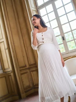 Sale Seraphine White Ivory Occasion Maternity & Nursing Bridal Dress With Tweed Bodice & Floaty Pleated Skirt