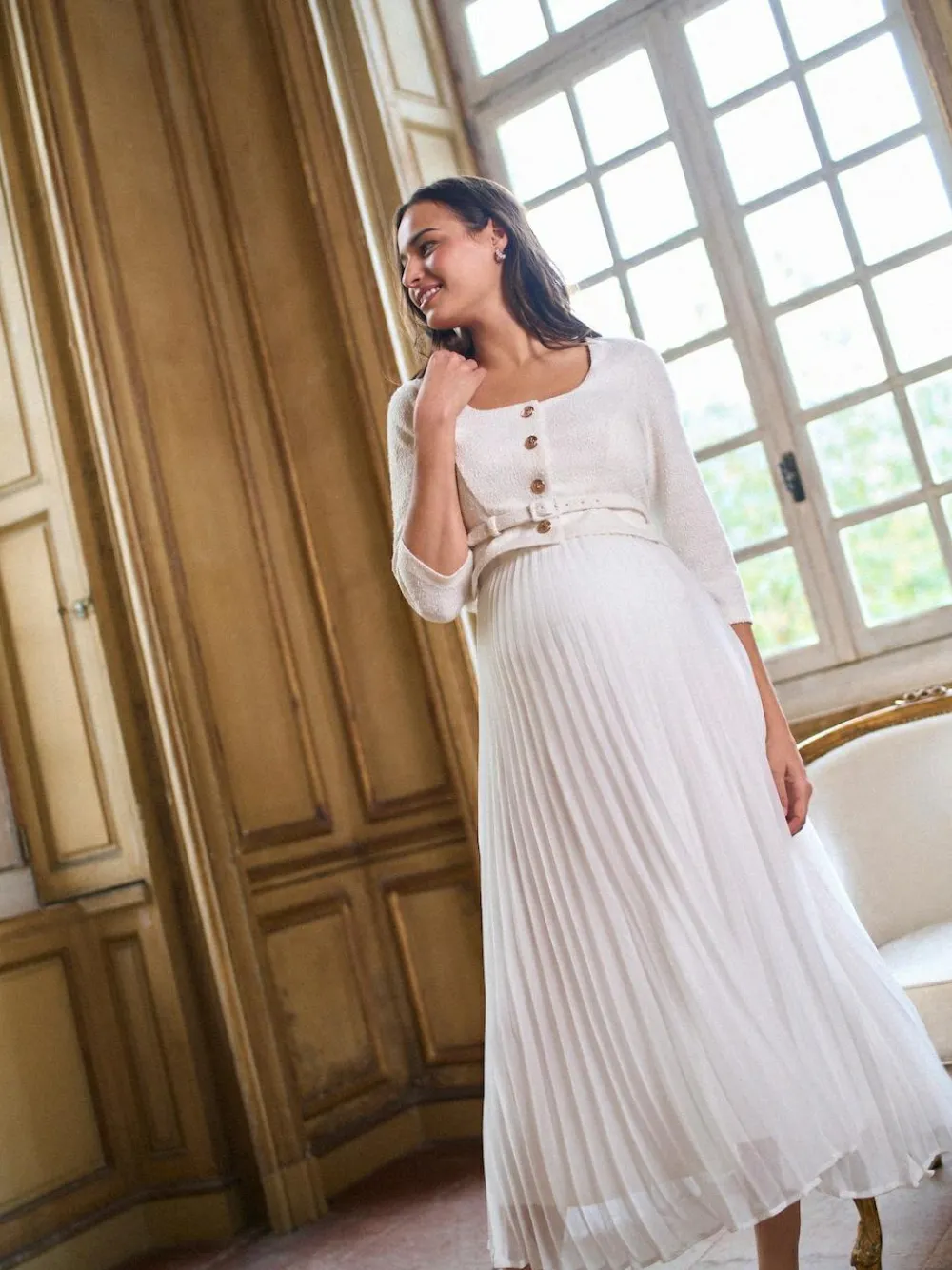 Sale Seraphine White Ivory Occasion Maternity & Nursing Bridal Dress With Tweed Bodice & Floaty Pleated Skirt