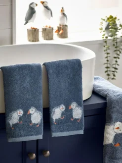Next Set of 2 Blue Puffin Set of 2 100% Cotton Face Cloths^ Towels & Bathmats