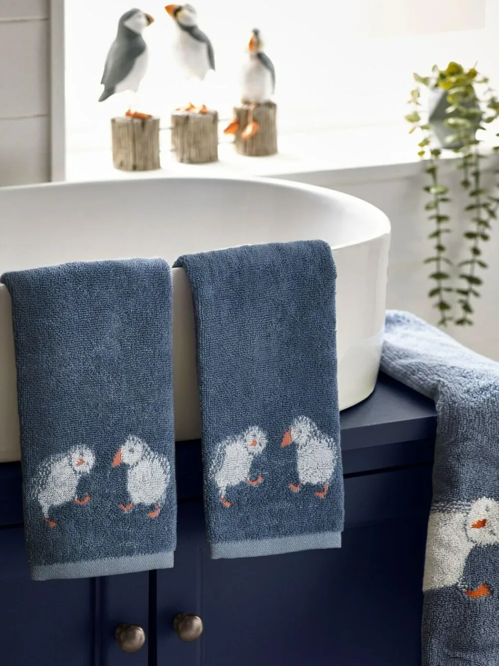 Next Set of 2 Blue Puffin Set of 2 100% Cotton Face Cloths^ Towels & Bathmats