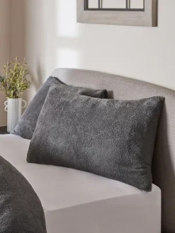 Next Set of 2 Charcoal Grey Teddy Fleece Pillowcases^ Bedsheets & Pillow Cases