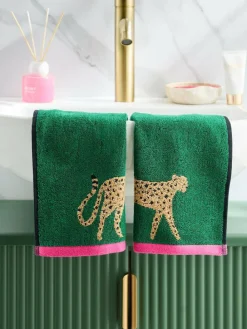 Sale Next Set of 2 Green Cheetah Print 100% Cotton Face Cloths