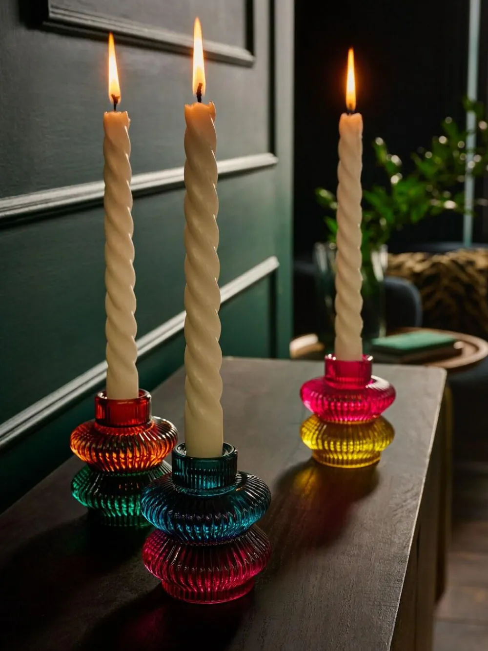 Best Next Set of 3 Multicolour Glass Tea Light and Taper Candle Holders