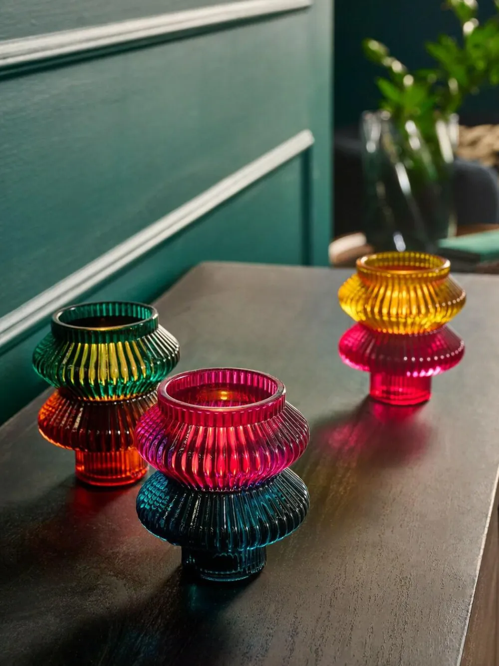Best Next Set of 3 Multicolour Glass Tea Light and Taper Candle Holders