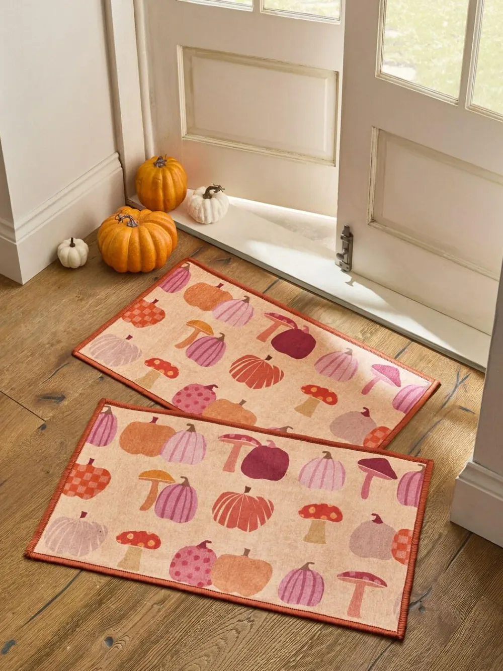 New Next Set of 2 Orange Washable Pumpkin Doormats