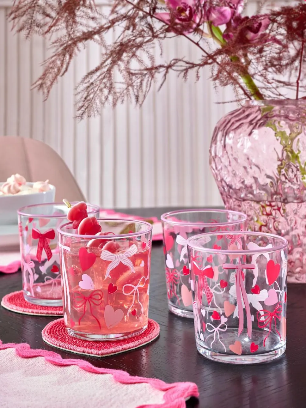 Next Set of 4 Pink Heart and Bow Tumbler Glasses^ Glassware