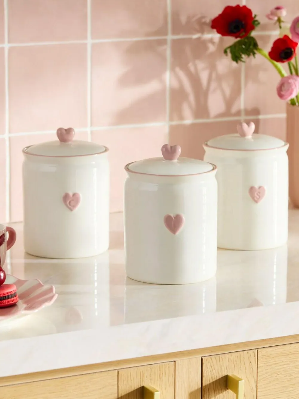 Next Set of 3 Pink Heart Ceramic Storage Jars^ Storage & Organisation