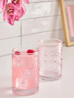 Next Set of 2 Pink Heart Pressed Tumbler Glasses^ Glassware
