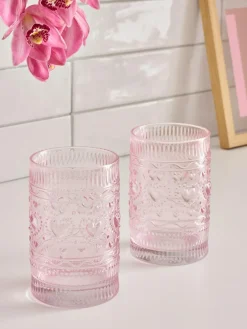 Next Set of 2 Pink Heart Pressed Tumbler Glasses^ Glassware