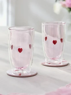 Hot Next Set of 2 Double Walled Tumbler Glasses Pink Hearts