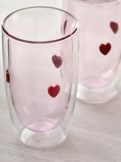 Hot Next Set of 2 Double Walled Tumbler Glasses Pink Hearts
