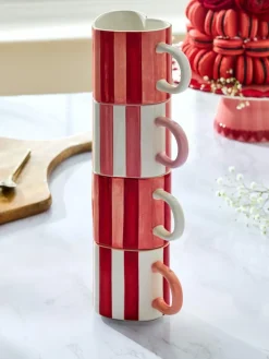 Discount Next Set of 4 Pink Stripe Heart Shaped Stacking Mugs