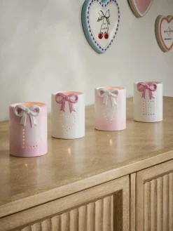 Best Next Set of 4 Pink/White Ceramic Bow 'Love' Tea Light Holders