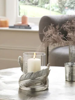 Next Silver Feather Resin And Glass Hurricane^ Candle Holders & Lanterns