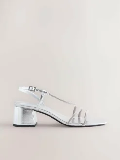 New Next Forever Comfort Square Toe Jewelled Strappy Block Heeled Sandals Silver