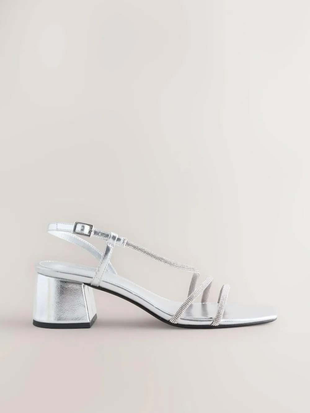 New Next Forever Comfort Square Toe Jewelled Strappy Block Heeled Sandals Silver