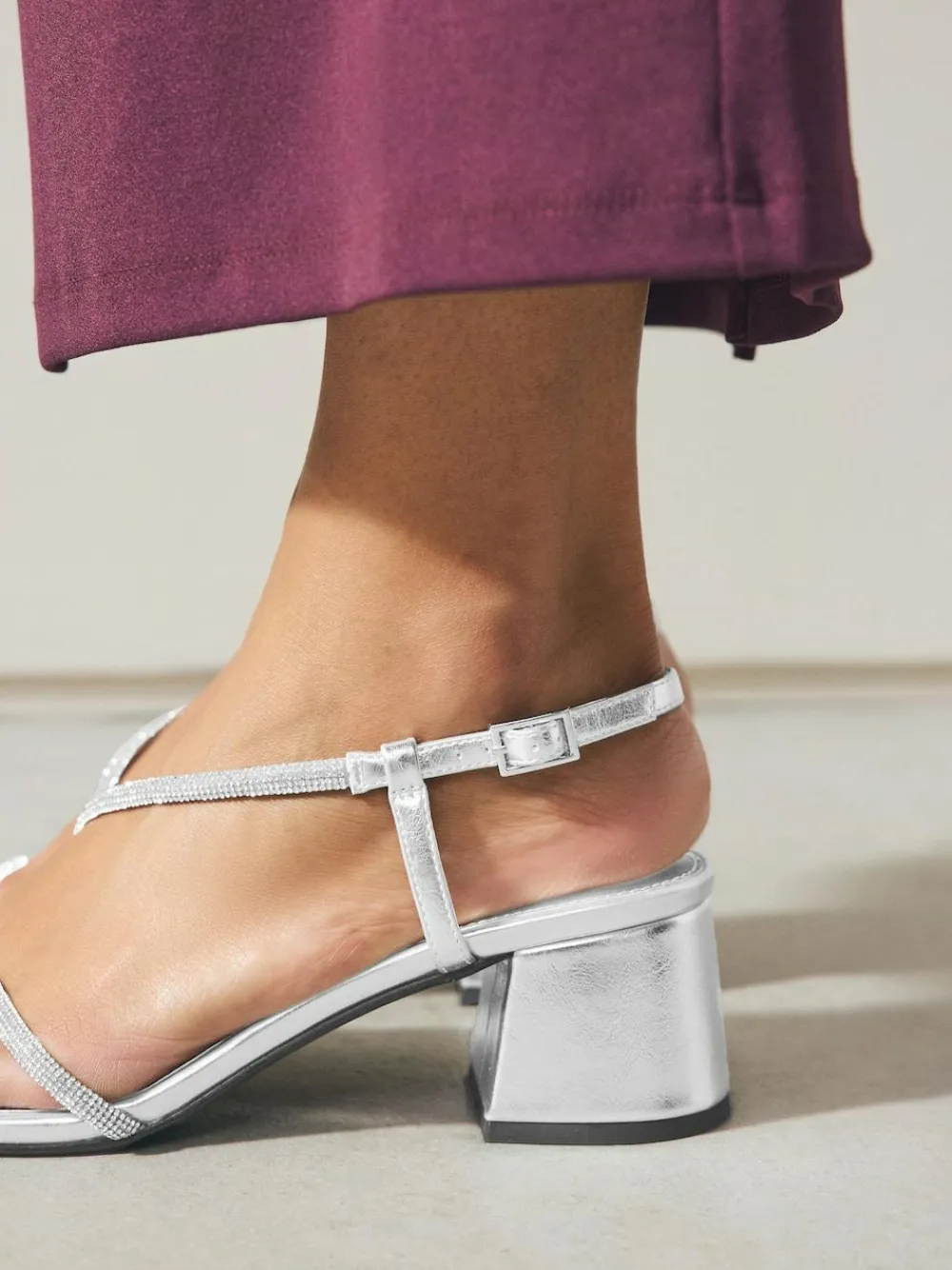 New Next Forever Comfort Square Toe Jewelled Strappy Block Heeled Sandals Silver