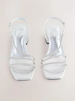 New Next Forever Comfort Square Toe Jewelled Strappy Block Heeled Sandals Silver