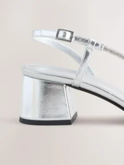 New Next Forever Comfort Square Toe Jewelled Strappy Block Heeled Sandals Silver