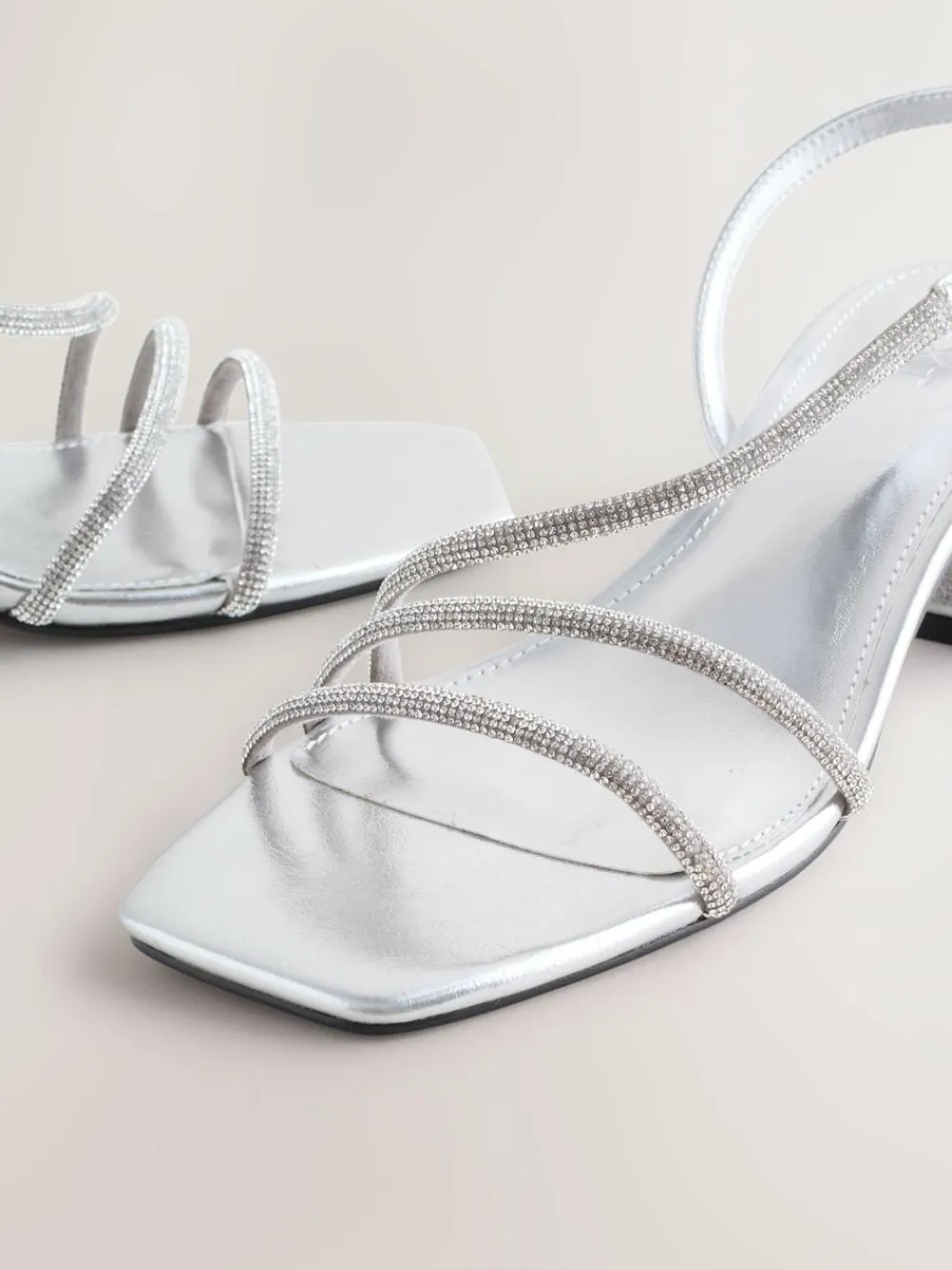 New Next Forever Comfort Square Toe Jewelled Strappy Block Heeled Sandals Silver