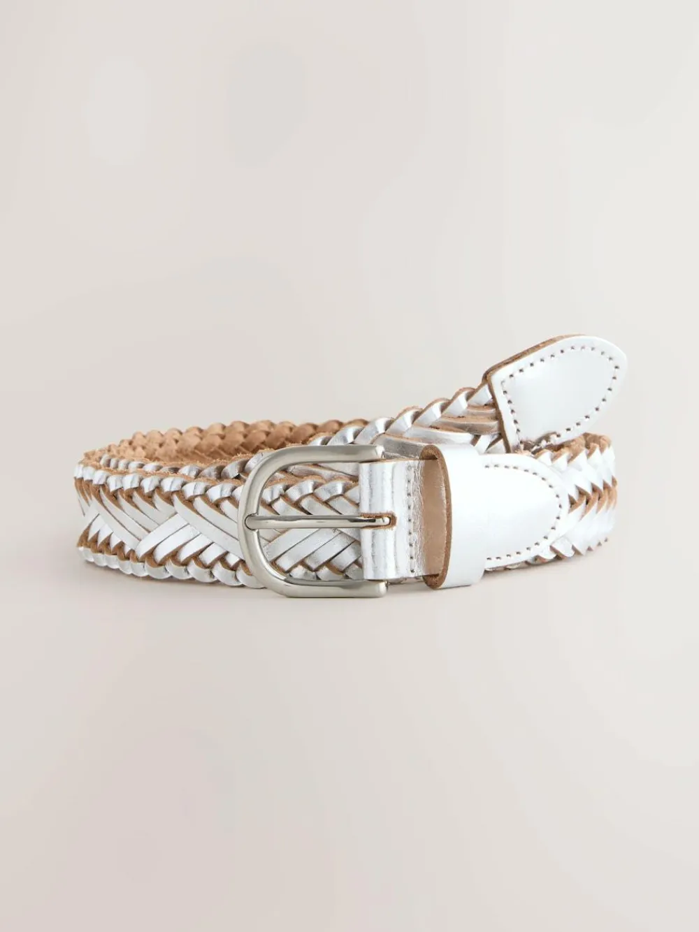 Hot Next Hand Plaited Leather Belt Silver