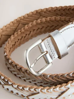 Hot Next Hand Plaited Leather Belt Silver