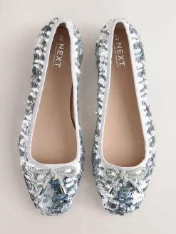 Next Silver Sequin Standard/Wide Fit Round Toe Ballerina Shoes^Women Wide Fit & Extra Wide Fit|Flats