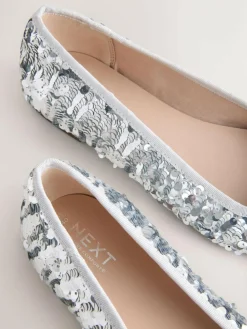 Next Silver Sequin Standard/Wide Fit Round Toe Ballerina Shoes^Women Wide Fit & Extra Wide Fit|Flats