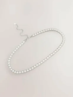 Online Next Chain Belt Silver Tone Pearl Bead
