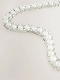 Online Next Chain Belt Silver Tone Pearl Bead