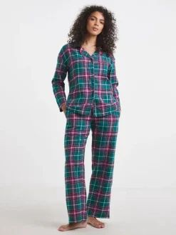 Simply Be Green Pretty Secrets Lurex Check Button Through Pyjamas Set^Women Pyjamas
