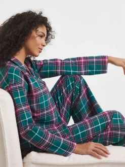 Simply Be Green Pretty Secrets Lurex Check Button Through Pyjamas Set^Women Pyjamas