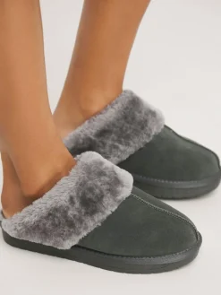 New Simply Be Standard Fit Faux Fur Lined Suede Mule Slippers Grey