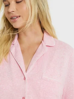 Simply Be Pink Pretty Secrets Brushed Ribbed Button Through Pyjama Set^Women Pyjamas