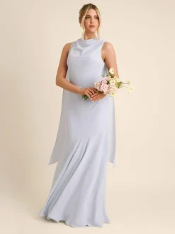 Six Stories Blue High Cowl Neck Drape Crepe Bridesmaid Dress^Women Maxi Dresses