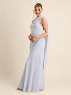 Six Stories Blue High Cowl Neck Drape Crepe Bridesmaid Dress^Women Maxi Dresses