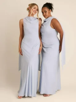 Six Stories Blue High Cowl Neck Drape Crepe Bridesmaid Dress^Women Maxi Dresses