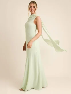 Six Stories Green High Cowl Neck Drape Crepe Bridesmaid Dress^Women Maxi Dresses|Occasion Dresses