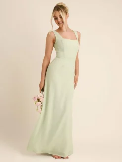 New Six Stories Green Square Neck Crepe Bridesmaid Dress with Neck Scarf