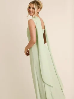 New Six Stories Green Square Neck Crepe Bridesmaid Dress with Neck Scarf