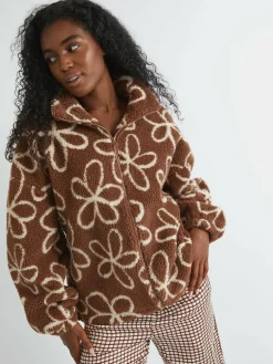 Skinnydip Brown Doodle Flower Borg Jacket in Brown^Women Hoodies & Sweatshirts