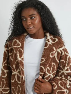 Skinnydip Brown Doodle Flower Borg Jacket in Brown^Women Hoodies & Sweatshirts