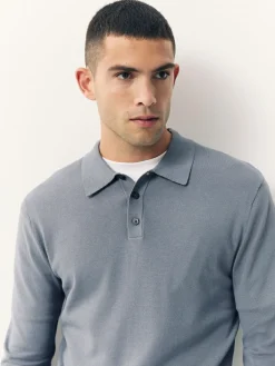 Online Next Slim Fit Cotton Rich Long Sleeve Knitted Polo Shirt Slate Blue