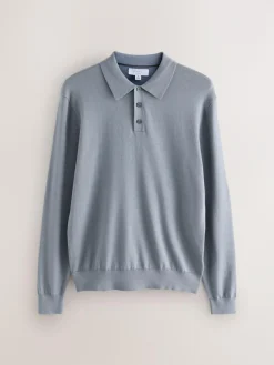 Online Next Slim Fit Cotton Rich Long Sleeve Knitted Polo Shirt Slate Blue