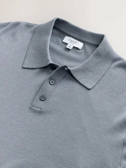 Online Next Slim Fit Cotton Rich Long Sleeve Knitted Polo Shirt Slate Blue