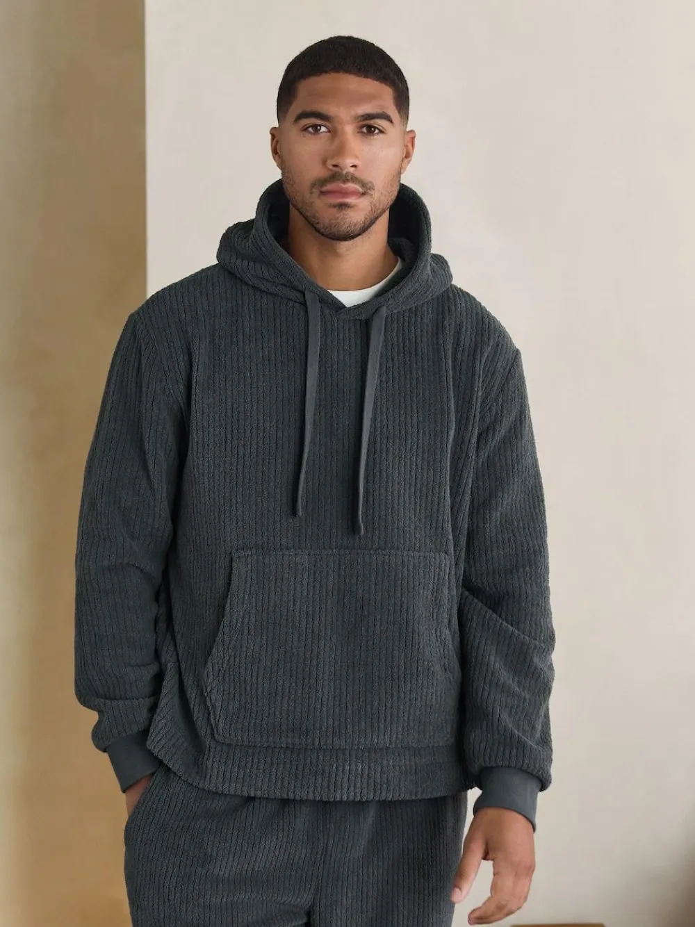 Discount Next Borg Fleece Ribbed Texture Hoodie Slate Grey