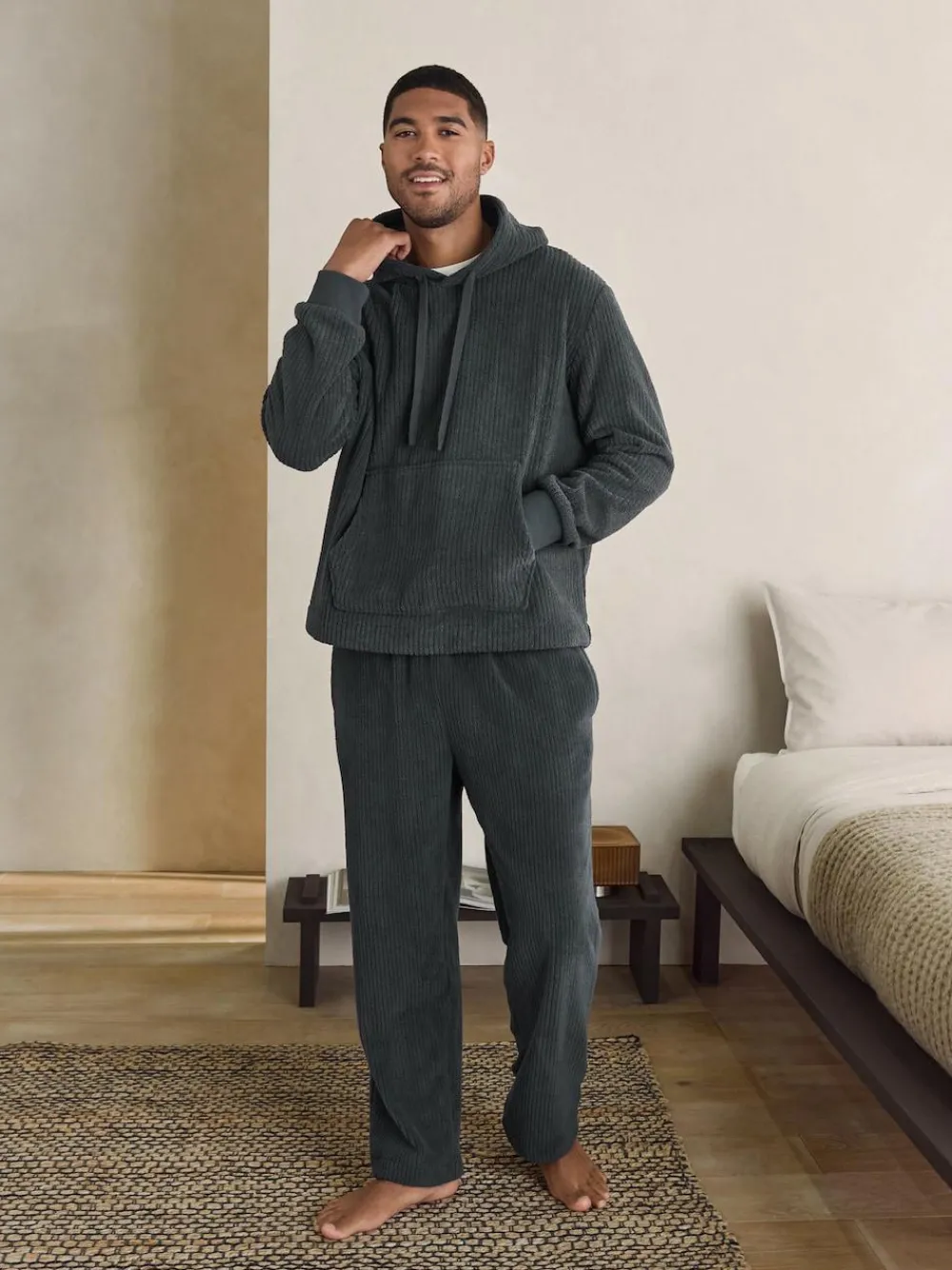 Discount Next Borg Fleece Ribbed Texture Hoodie Slate Grey