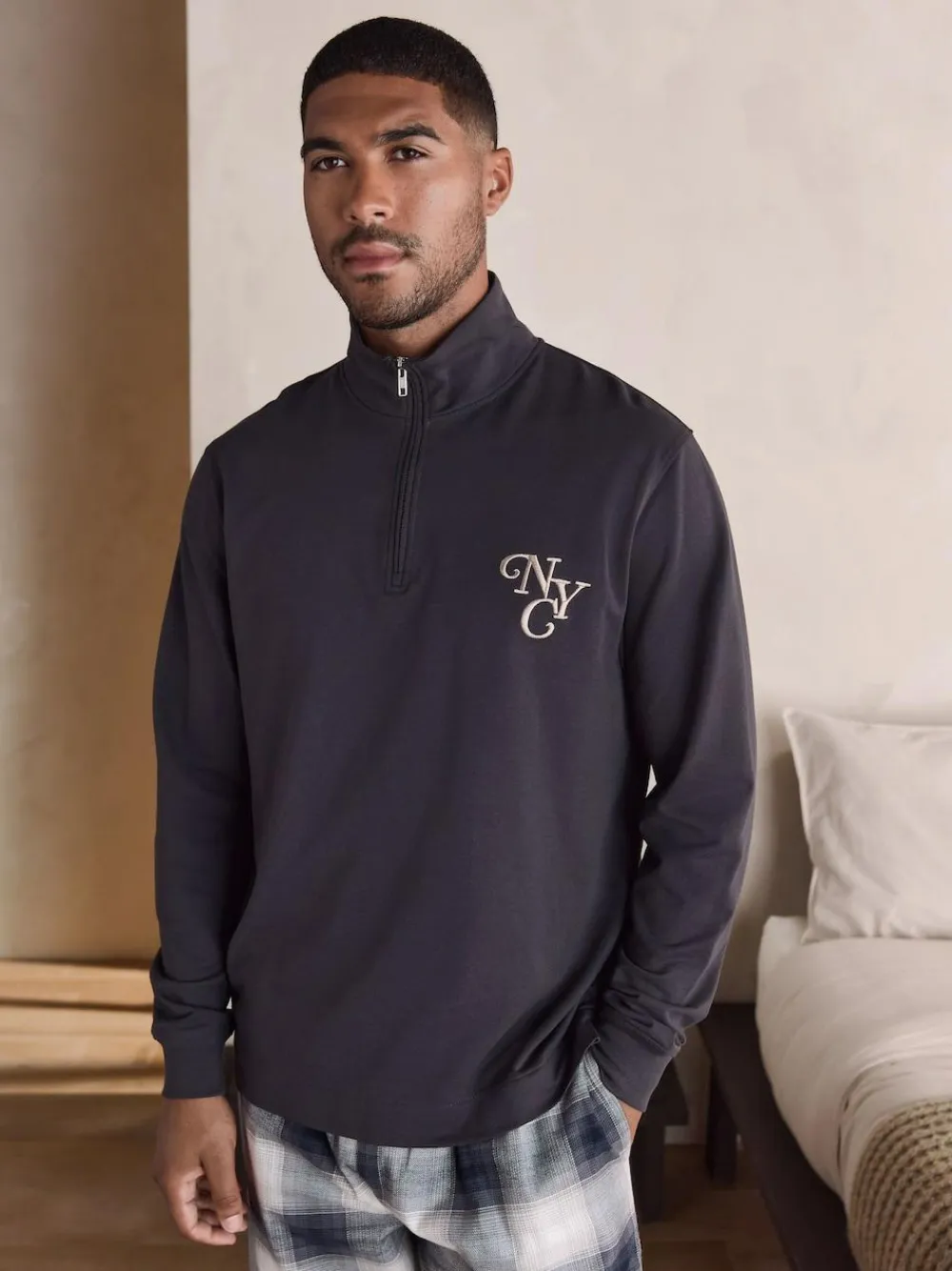 Hot Next Slate Grey Long Sleeve Embroidered Quarter Zip Pyjamas Set